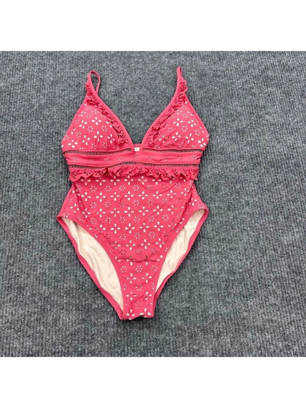 J Crew Scalloped Ruffle Plunging One Piece Swim Suit Laser Cut Eyelet Womens 10